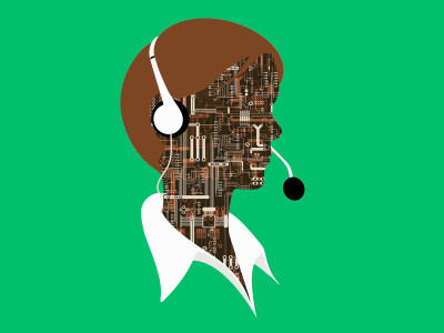 A person wearing a telephone headset